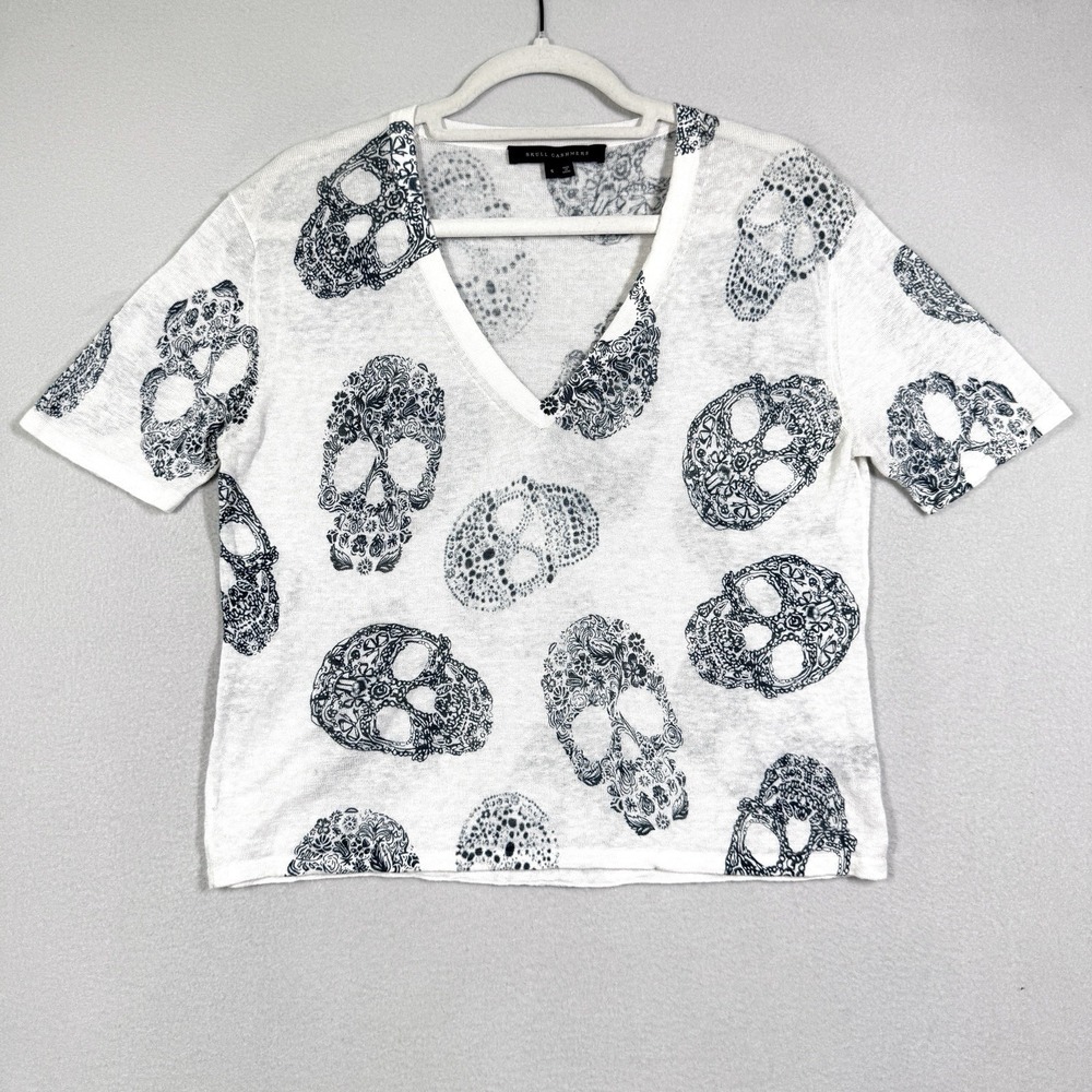 Skull Cashmere Top Womens Small Ruma Linen Skull Print Goth‎ V Neck Pullover